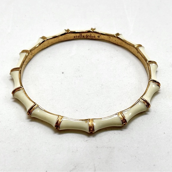 Stella & Dot, Gold And White Enamel Bamboo Design Bangle Bracelet - Picture 2 of 6